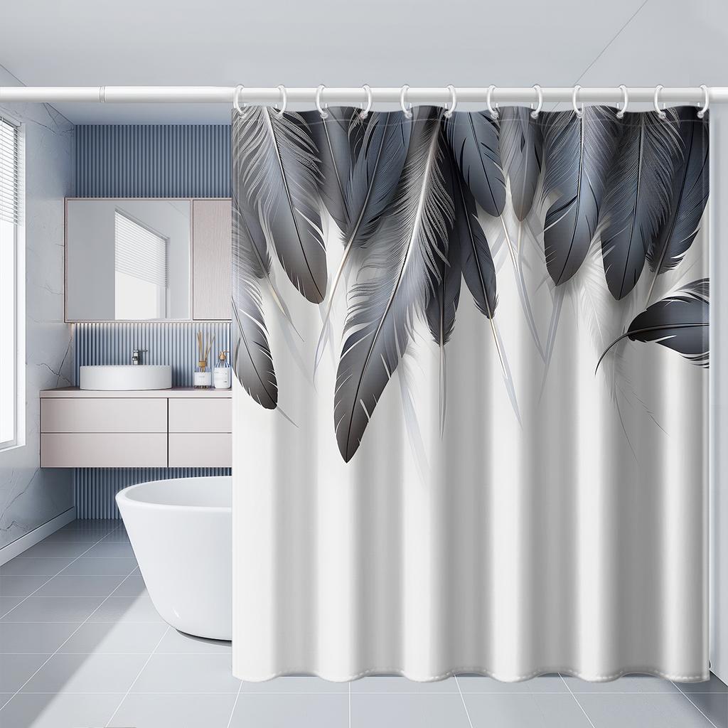 1 piece black and white feather print shower curtain with hooks, elegant bathroom decoration for all seasons, machine washable