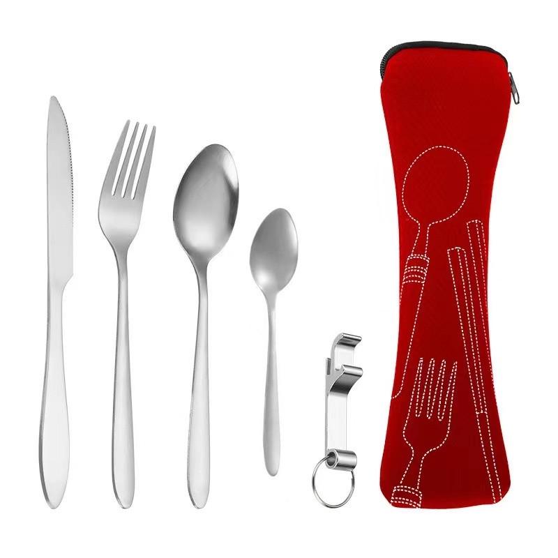 Tragbares Edelstahl-Besteckset - 5-teiliges Reisebesteck mit Messer, Gabel, Löffel und kleinem Löffel für Camping & Outdoor