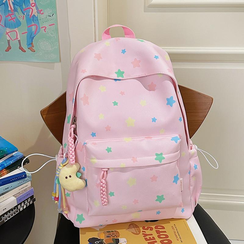 Cute Colorful Star Patterned Student Lightweight Backpack With Plush Pendant For Casual Use