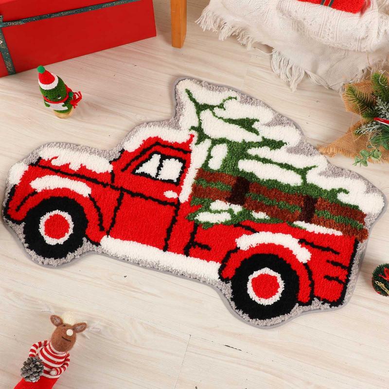 Holiday Red Truck Christmas Tree Plush Bath Mat Easy‑Care Rug for Indoor Bedroom Xmas Home Decoration