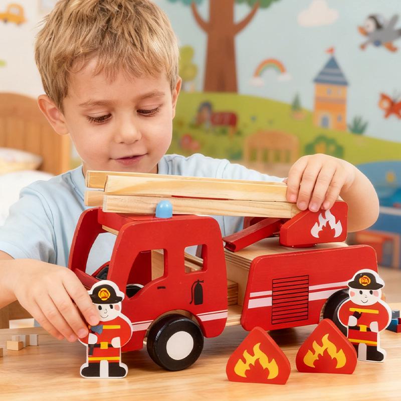 Wooden Fire Truck Model with Folding Ladder – Educational Building Blocks for Boys Ages 3-6