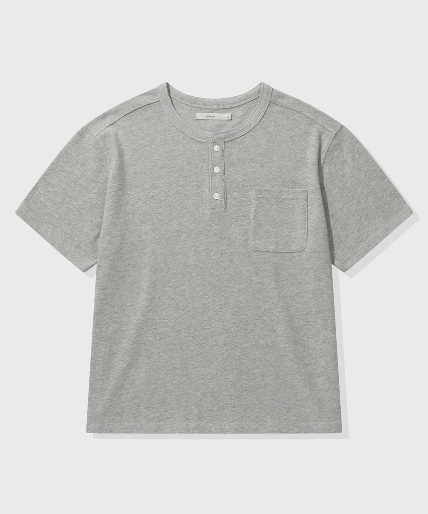 KIIMUIR [Crop] Heavy Cotton Roll-Up Henley Neck Short Sleeve T-Shirt_Melange Gray