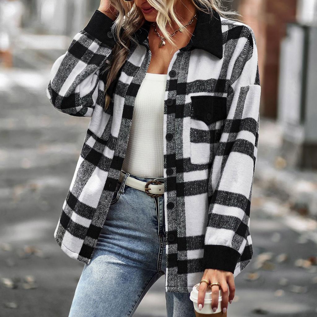 Women's Fashion Plaid Long Sleeve Loose Casual Fall And Winter Tops Jacket