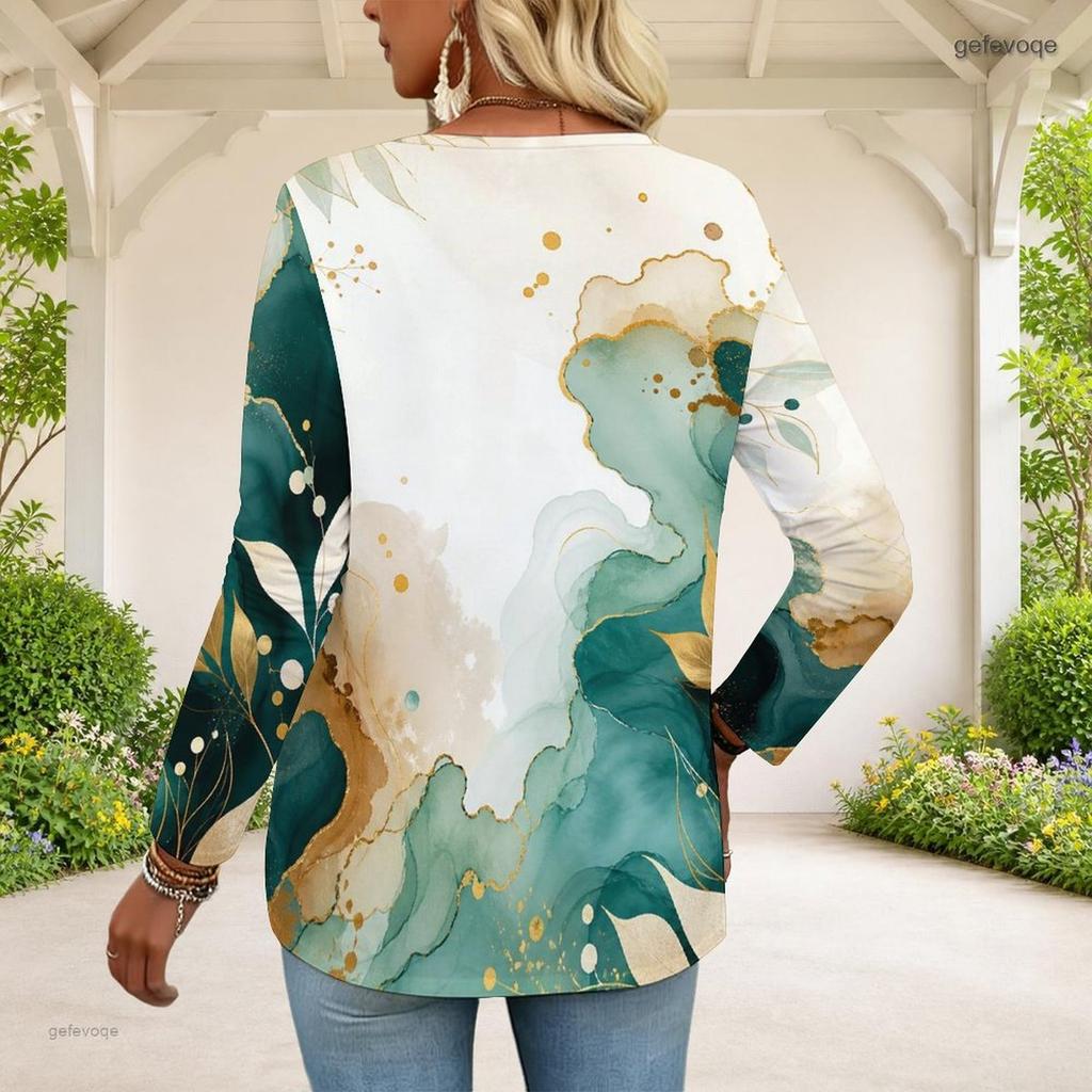 Women Plus Size Half Zipper Round Neck Long Sleeve Green Abstract Printed T Shirt