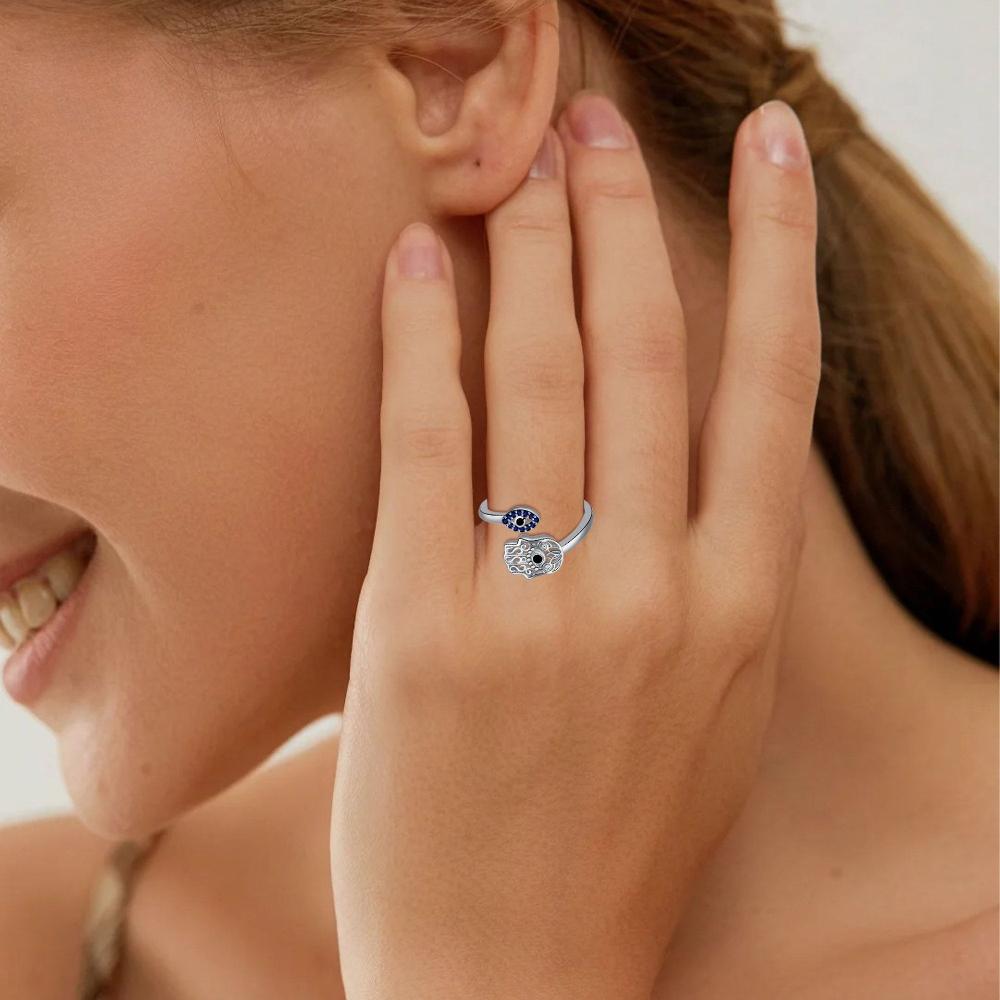  Silver Plated Lucky Hand of Fatima Opening Ring Zircon Teardrop Lotus Evil Eyes Stackable Rings Party Jewelry Gift