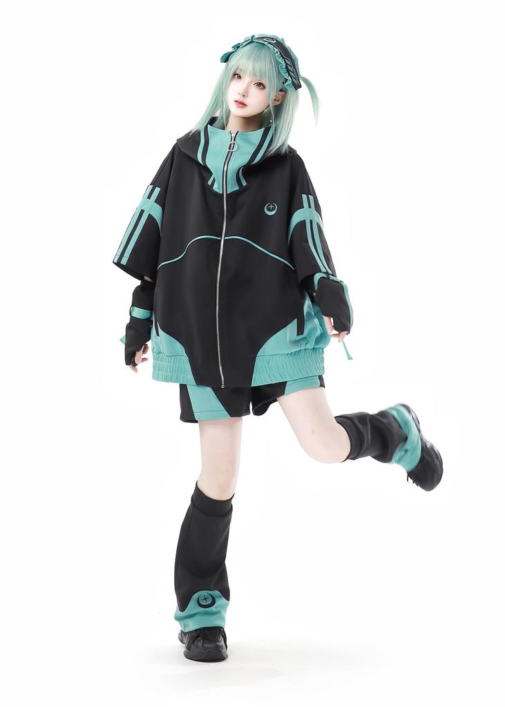 XHSUKADO Jirai-kei Hoodie Black & Green Embroidery Zip-up Size M