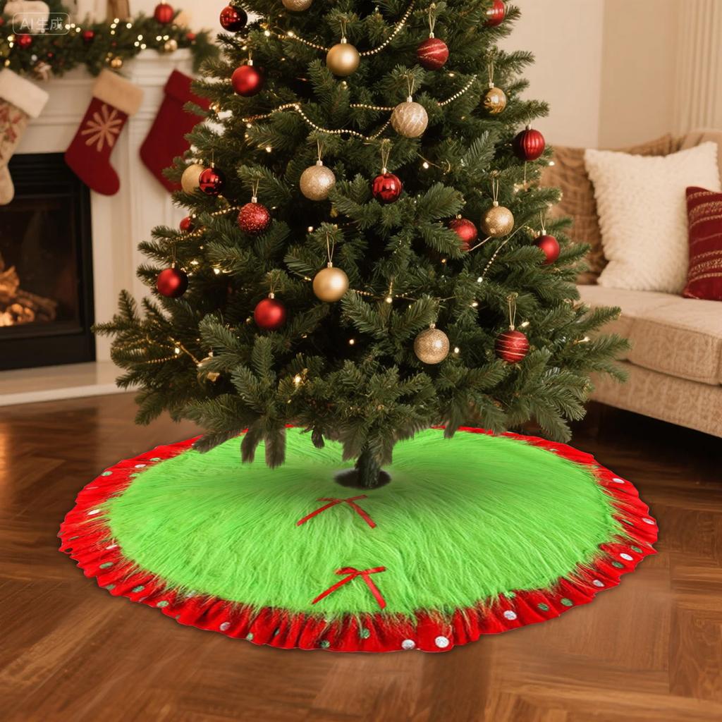 Red And Green Christmas Tree Skirt Furry Plush Christmas Tree Skirts Holiday Glittering Dot Mat Faux Round Carpet For Home Xmas Party Decor