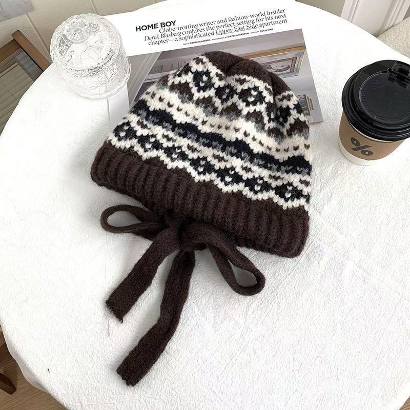 Knitted Wool Hat Women's Autumn and Winter New Versatile Straps, Warm Windproof Ear Protectors, Big Head Circumference Dual-purpose Bag Hat