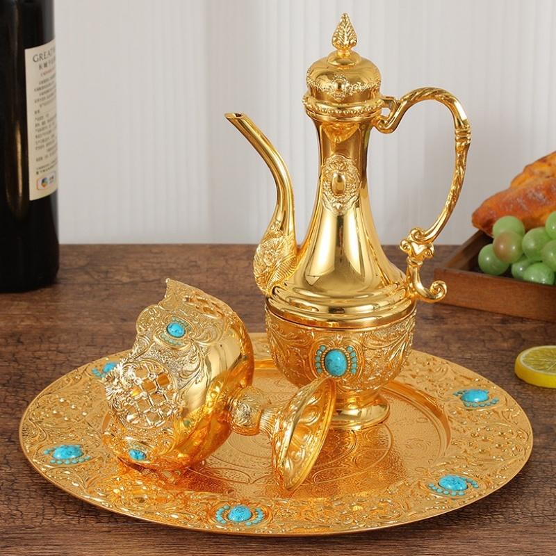 European Wine Set, Alloy Blue Inlaid Gem Wine Glass Set, Golden Vintage Wine Bowl, Old Wine Pot Home Living Room Decoration,1Set