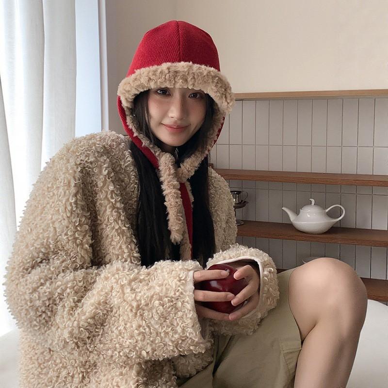Womens Red Fuzzy Earflap Beanie Winter Warm Knit Hat Oversized Slouchy Style Cold Weather