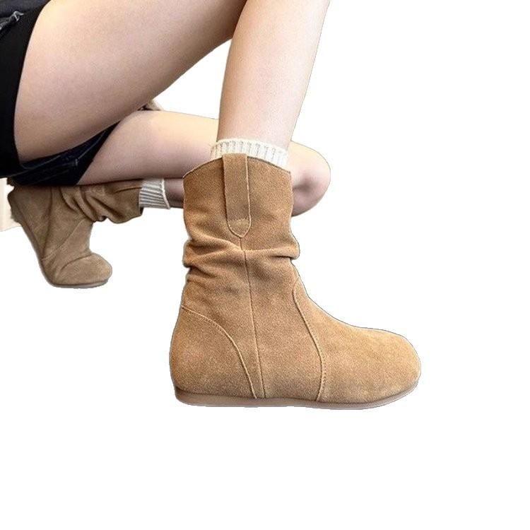 2025 new European and American style short boots women's autumn versatile matte pleated retro gentle ins style street shot stacking boots