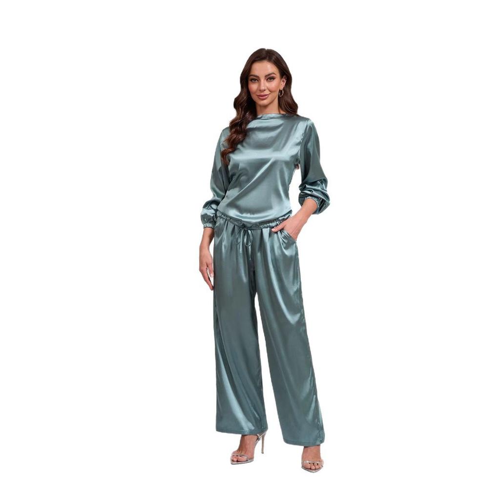 Damen einfarbig langärmlig Rundhals Satin locker Oberteil 2-teiliges Set