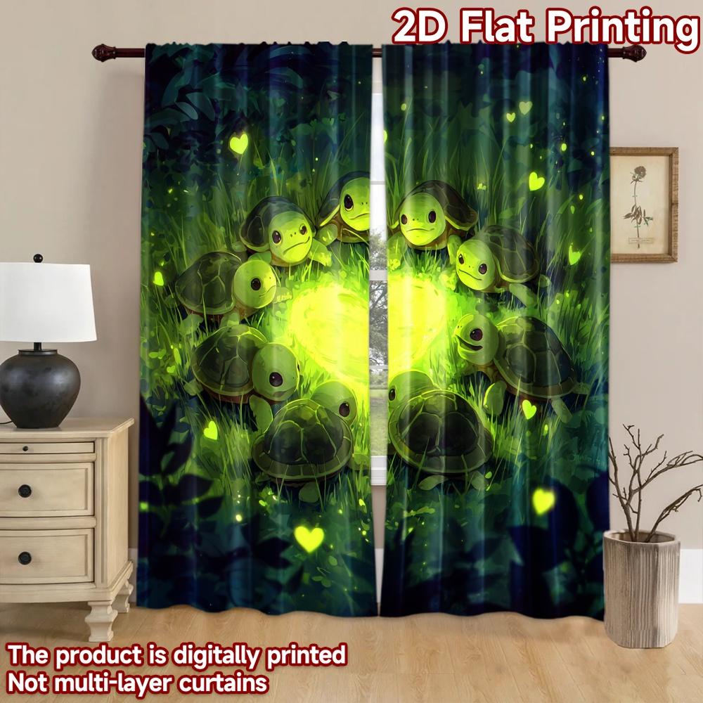 2D Flat Printing 2pcs Curtains Cute Turtles Glowing Hearts Digital Printed Polyester Drapes Birthday Party for Indoor