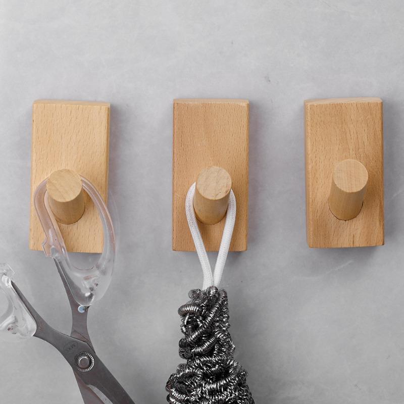 Wooden Wall Hooks Wall Mounted Self Adhesive Wood Hook with Glue Heavy Duty Hangers Rack for Towel Key Hat Home Organizer Holder