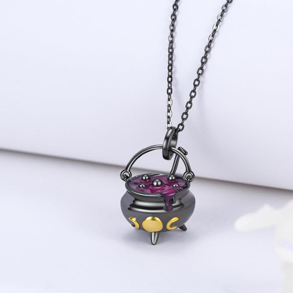 Halloween Gothic Clavicle Necklace, 3D Witch Magic Cauldron Triple Moon Pendant Necklace, Dark Style Statement Neck Accessory