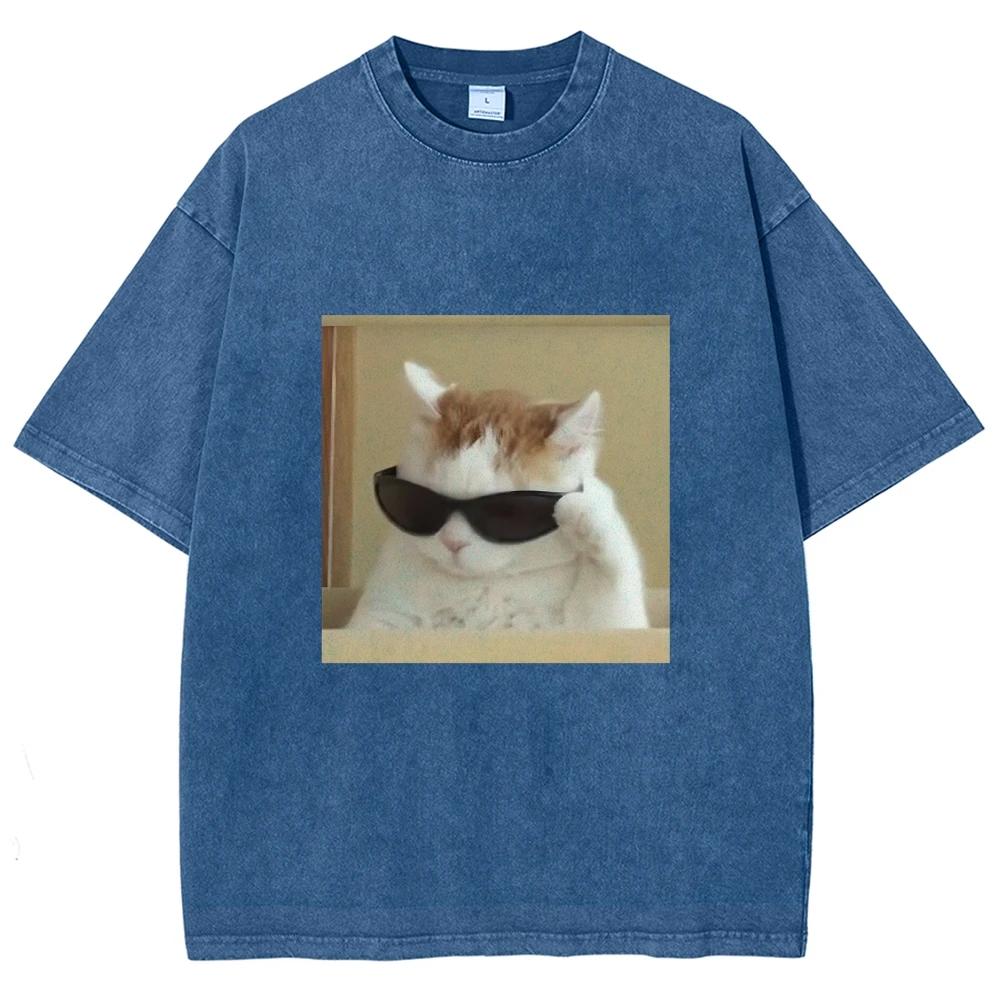 Cool Cat Meme T Shirts Unisex Washed Tees Men Women Fashion Casual Short Sleeve T-shirts Cotton Oversized