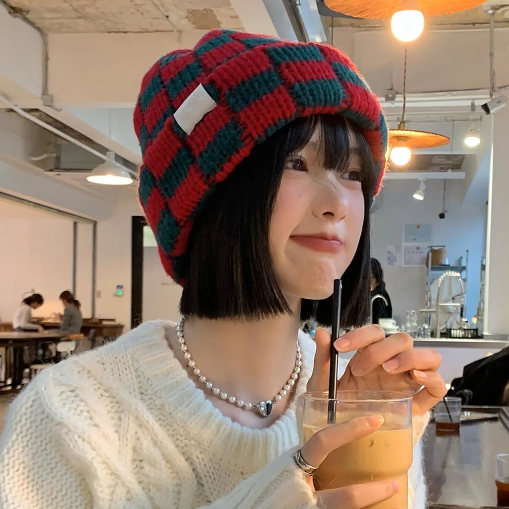 Plaid Wool Knitted Beanie Cap For Women Elastic Winter Ear Warmer Skullies Caps Casual Outdoor Windproof Pullover Hats