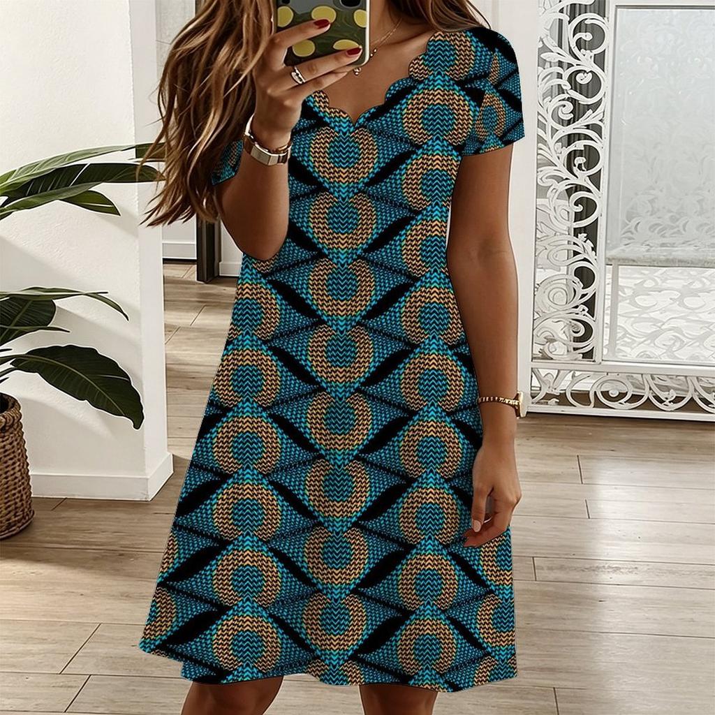 Ladies V Neck Vintage Sunflower Print Plus Size Summer Loose Dress