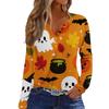 Women's Halloween Print V-Neck Long Sleeve T-Shirt with Button for Casual Holiday Wear