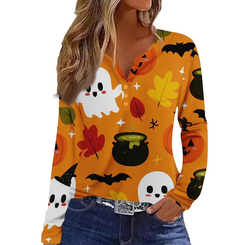 Women's Halloween Print V-Neck Long Sleeve T-Shirt with Button for Casual Holiday Wear