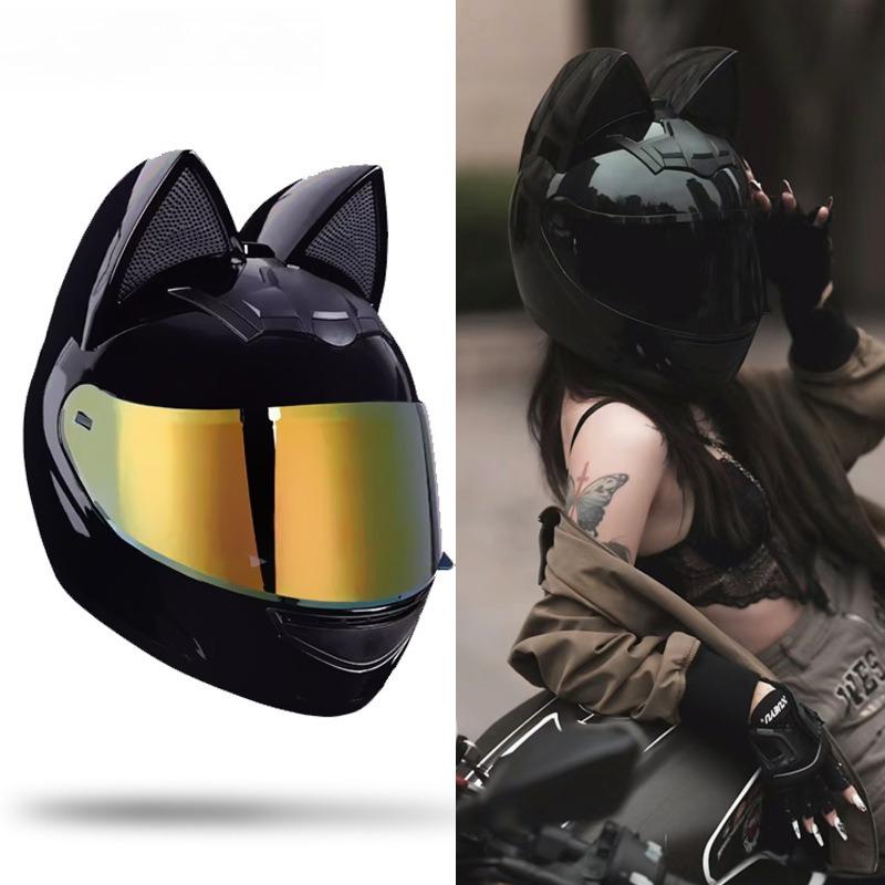Electric Motorcycle Cat Ear Helmet Female Four Seasons Full Helmet Male Knight Locomotive Cute Rabbit Ears