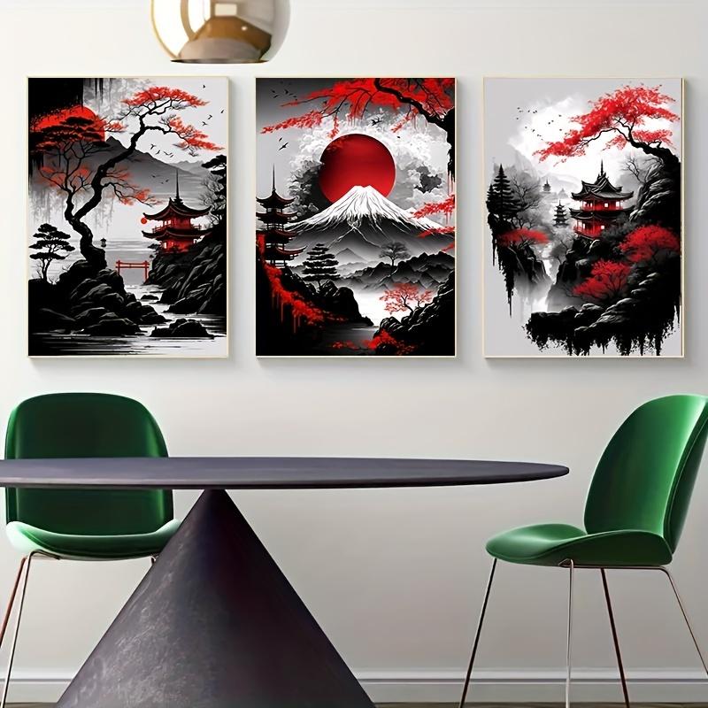 Landscape Canvas Painting Black And Red Posters Vintage Ink Art Wall Prints For Living Room Home 3pcs Frameless Japanese Natural