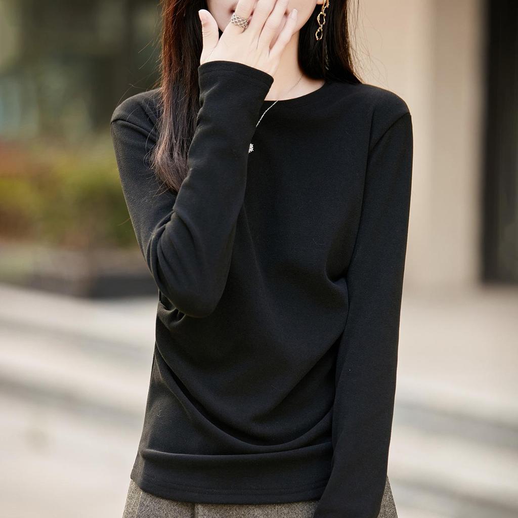 2025 Fall/Winter Women's Round Neck Pleated Double-Sided Fleece Long-Sleeve Knit Top