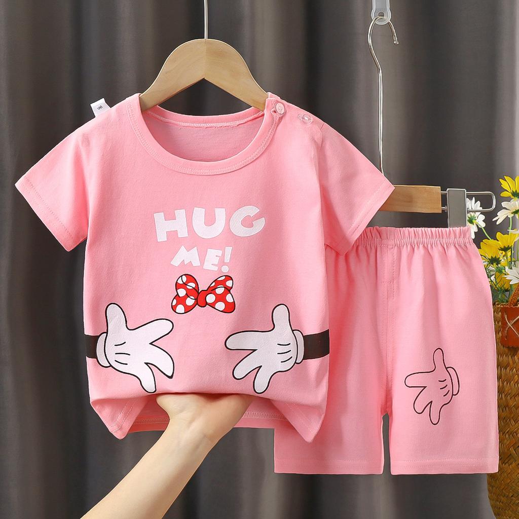 Kids Cotton Short Sleeve 2Pcs Set, Summer Shoulder Snap T-shirt & Shorts for Toddler Boys Girls