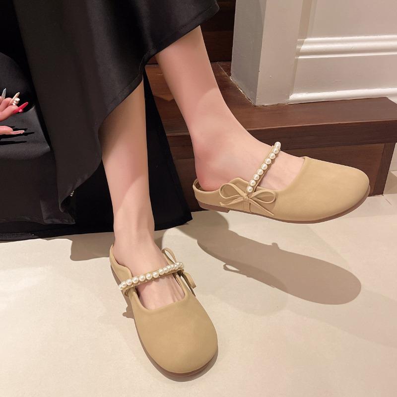 Baotou Flat Shoes Spring New Round Head Shallow Mouth Bead Butterfly Knot Soft Sole Anti-slip Wear-resistant Slippers