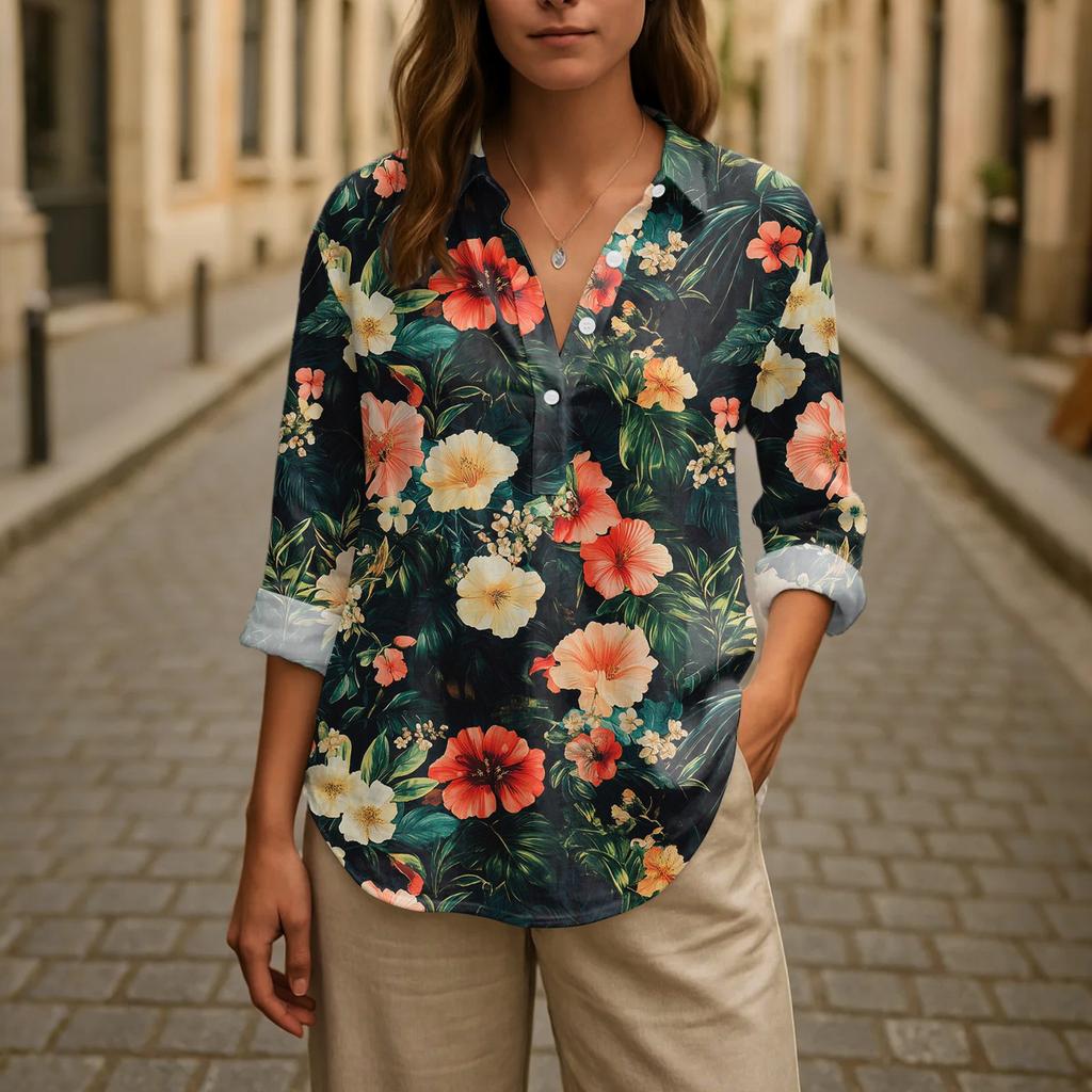 Women's Casual Spring And Summer Loose Printed Casual Sleeved Lapel Pullover Shirt
