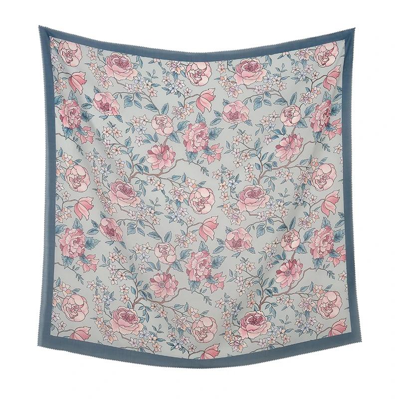 110*110cm Neuer Baumwoll-Leinen-Quadratischer Schal Damen Kopftuch Blumenmuster Halstuch Schals Kopftuch Bandanas Haargummi Stirnbänder