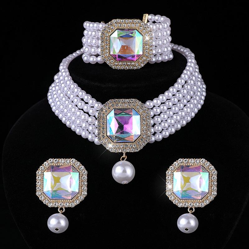 Square Crystal Diamond Earrings Necklace Set Choker Multilayer Bridal Anti-Pearl Necklace Earrings Women