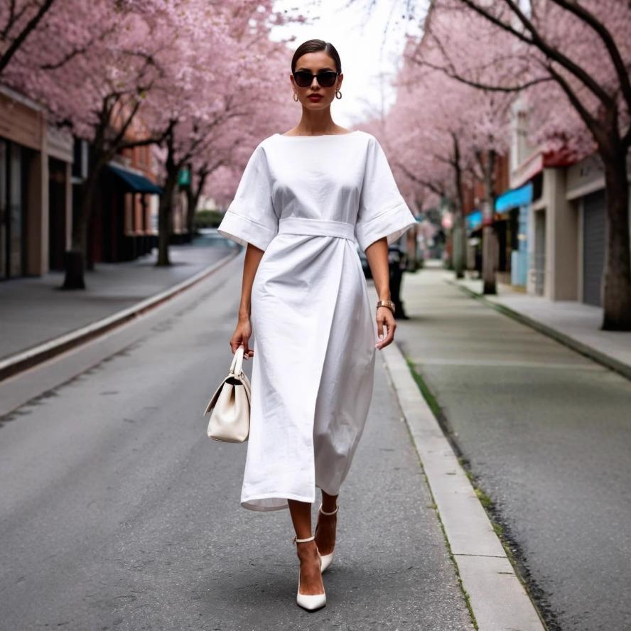 

YYFS Женская мода лето весна однотонный принт рукава 1/2 О-образный вырез высокая талия повседневные платья XXL белый