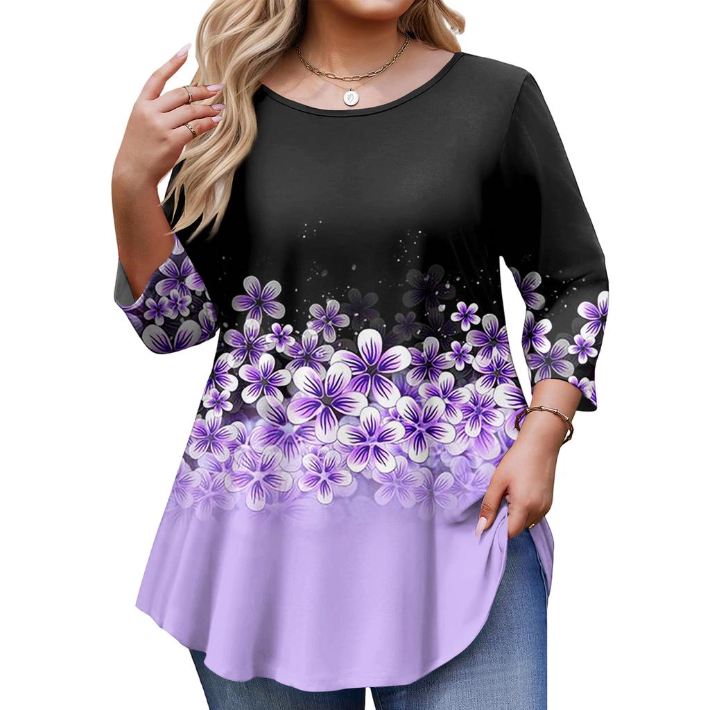 Top Moda da Donna Stampa Floreale Taglie Forti Manica 3/4 Orlo Arrotondato Girocollo