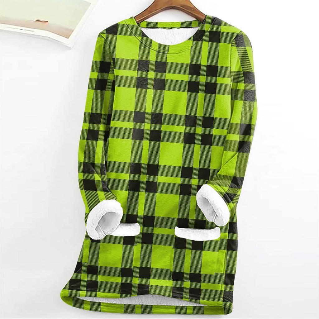 Women's Fashion Plaid Print Round Neck Long Sleeve Plush Winter Warm Pullover Top