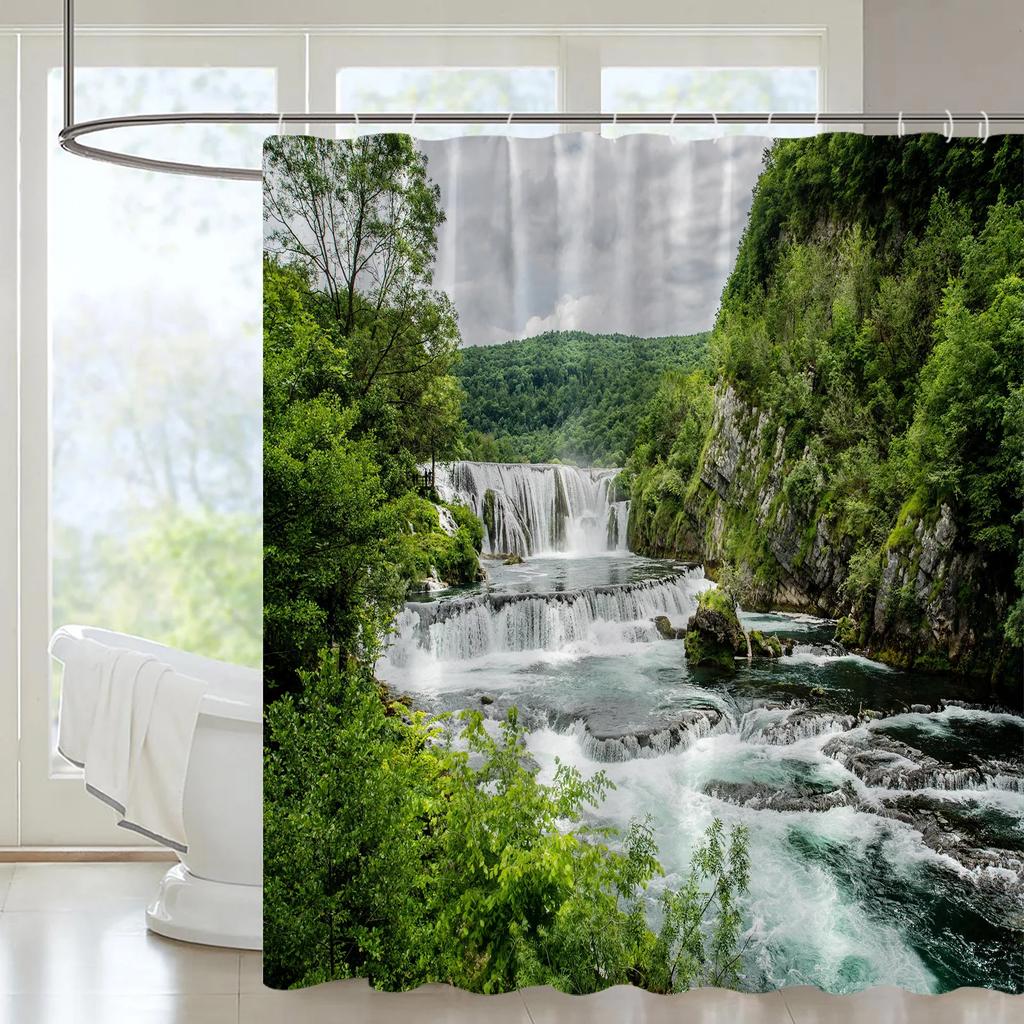 Mountain Forest Streams Natural Landscape Shower Curtain Set Waterfall Scenery View Plant Orchid Printing Bathroom Decor Curtain
