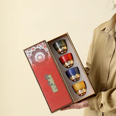 Ceramic Lotus Cup Gift Box Set Ceramic Kiln Transformed Tea Cup Set Gilded Silver Lotus Bottom Housewarming Gift Giving
