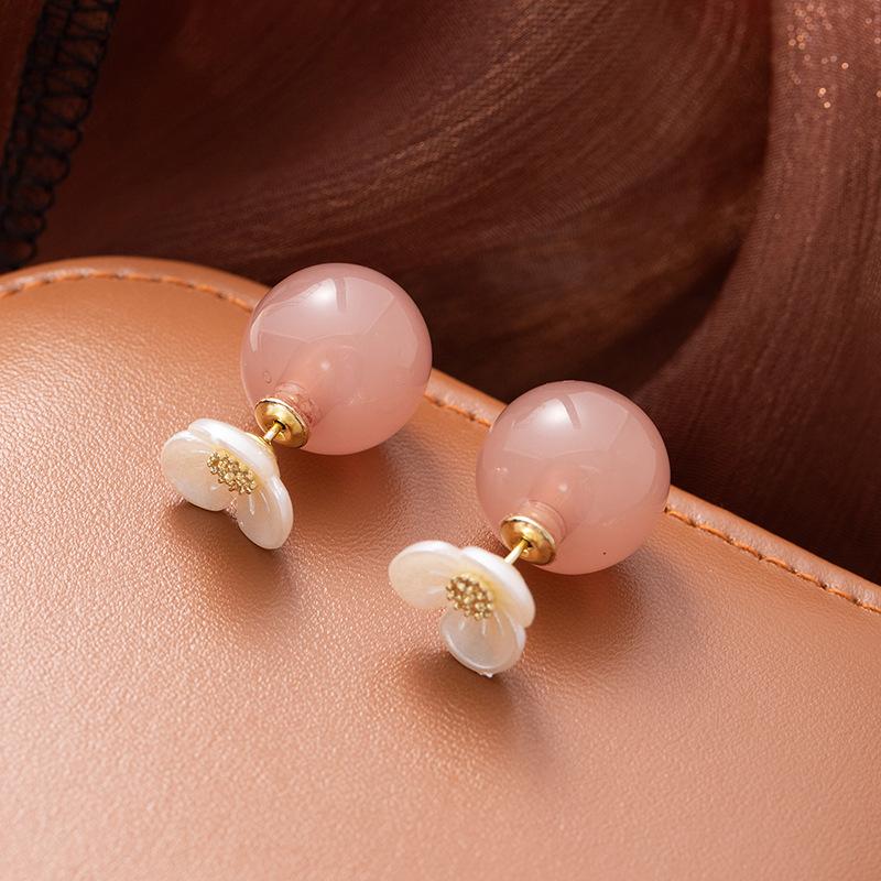 

French Style Two-Wearing Camellia Flower Pink Round Bead Earrings 925 Silver Needle Earrings Niche Light Luxury Temperament Earrings