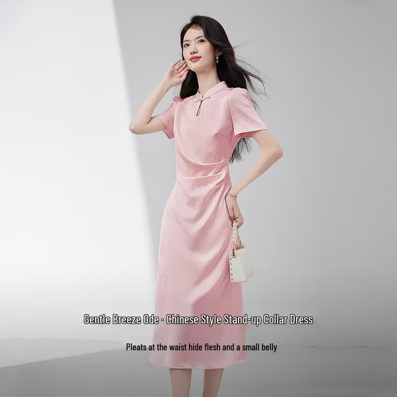 Elegant New Chinese Style Jacquard Puff Sleeve Midi Dress