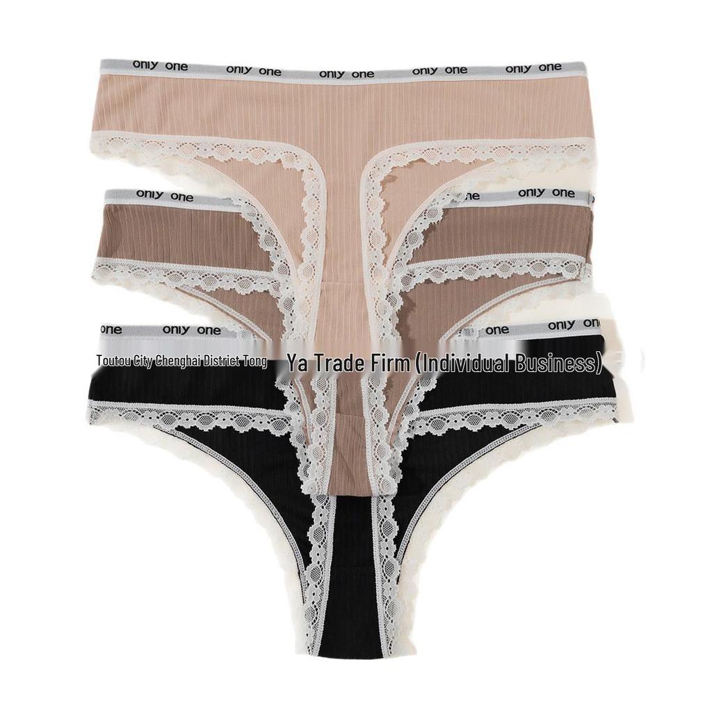 Women's Pure Cotton Ribbed Low Waist Lace Briefs with Breathable Double-Layer Crotch