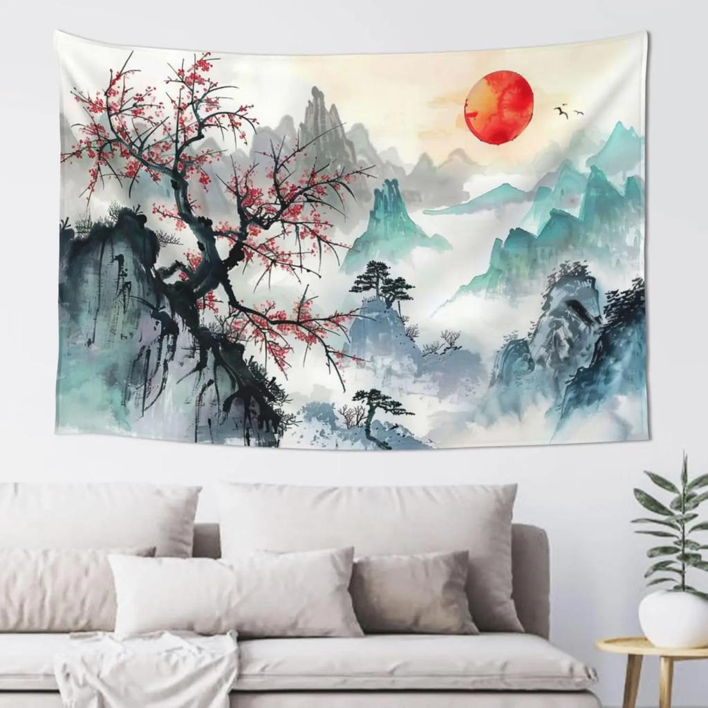 Moonlit Floral Tapestry Full Moon Blossom Motif Bedroom Headboard Wall Hanging Interior Design Style Room Decoration