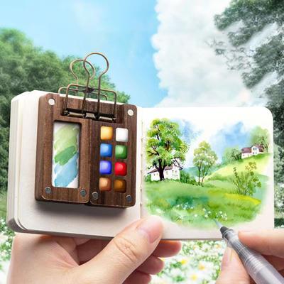 1PC Convenient Creative Watercolour Paint Painting Outdoor Sketching Walnut Palette Mini Paint Box