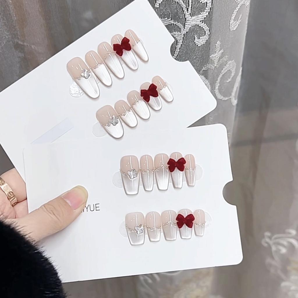 Pure Hand-made Phototherapy Wears Nail Red Velvet Bow Finished Product Reusable Nail Patch