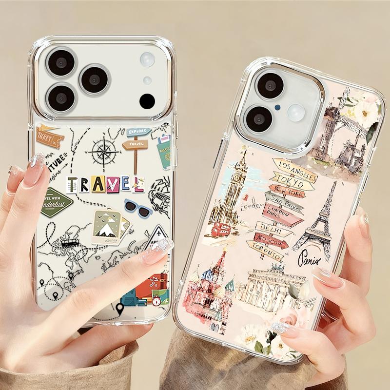 Retro Collage Style Phone Case For iPhone 17 Pro Max Plating Lens Frame Clear Soft Cover For iPhone 16 15 14 13 Pro Max 11 16E 17E