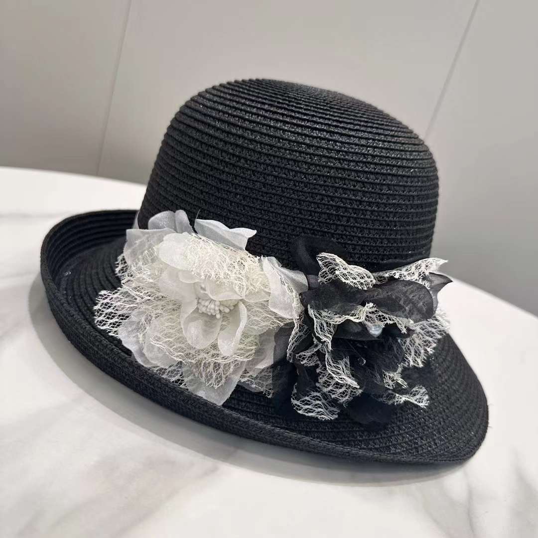 

High Quality Summer Sun Hat For Women Elegant Flowers Hepburn Style Holiday Straw Hats Outdoor Travel Sun Protection Beach Hat чорний
