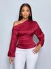 European and American new women's satin shirt, spring and summer asymmetrical long-sleeved diagonal collar shirt top