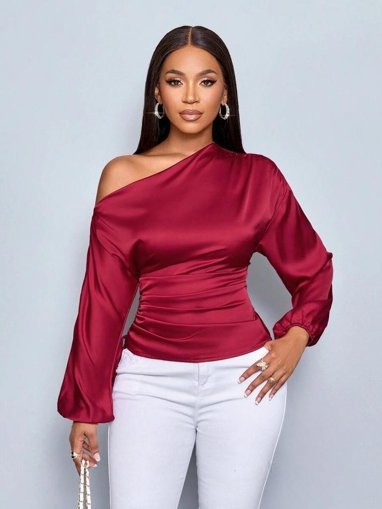 European and American new women's satin shirt, spring and summer asymmetrical long-sleeved diagonal collar shirt top