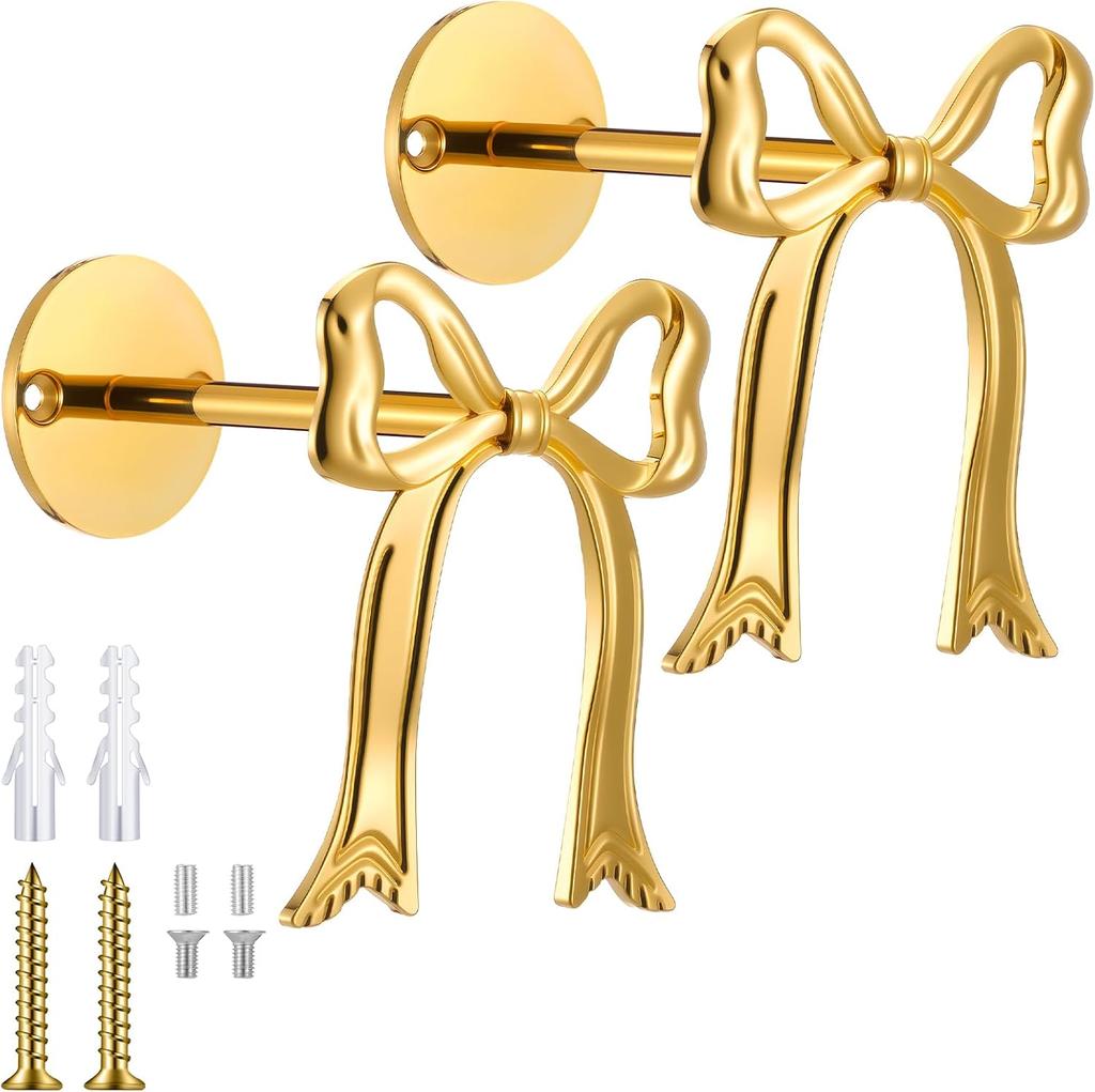 2 Pcs Metal Bow Curtain Holdbacks Gold Wall Mounted Bow Curtain Hold Backs Curtains Modern Gold Holders for Living Room Bedroom Office Home