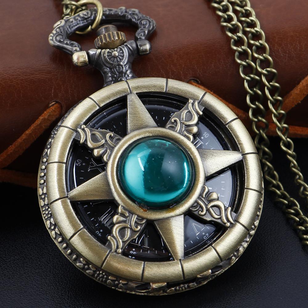 

New Magic Emerald Hollow Star Quartz Pocket Watch Vintage Gentleman Necklace Pendant Fashion Accessories Clock бронзовий