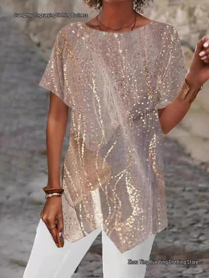 European Geometric Print Loose Short Sleeve Irregular Hem T-shirt